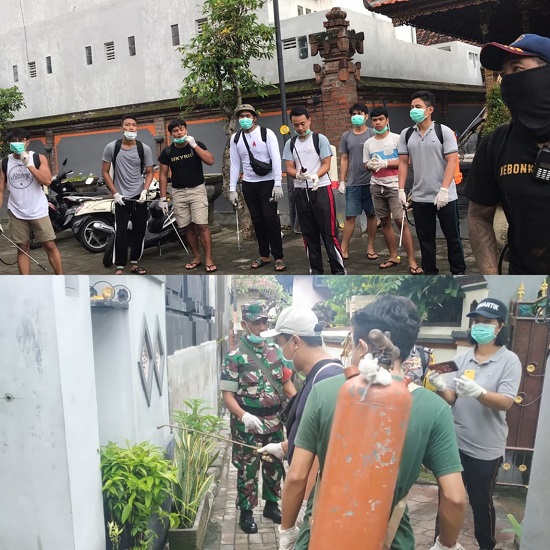 PENYEMPROTAN DISINFEKTAN SECARA MANDIRI DAN PEMBAGIAN DISINFEKTAN GRATIS DI BR. KEBONKURI MANGKU GUNA PENCEGAHAN COVID-19